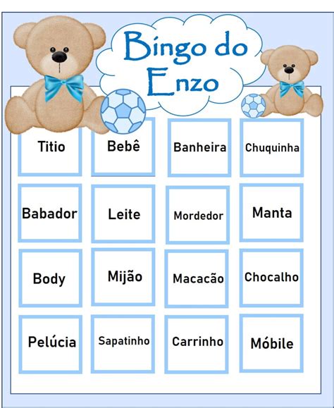 Bingo chá de bebê pdf  Personalizo nome,cor e desenho que desejar